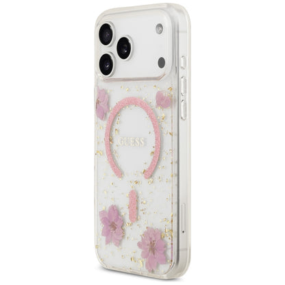 Custodia MagSafe per Apple iPhone 18 Pro Max / 17 Pro Max, Guess, Resin Flowers and Glitter, Rosa
