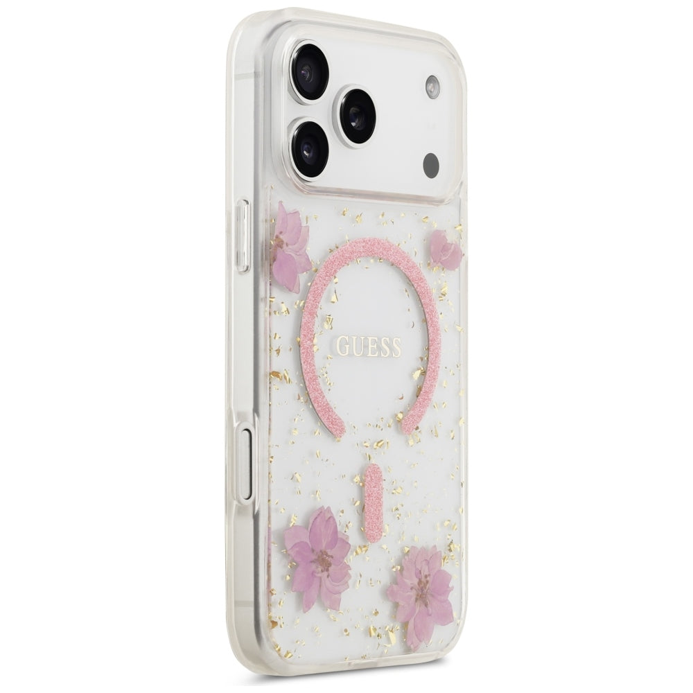 Custodia MagSafe per Apple iPhone 18 Pro Max / 17 Pro Max, Guess, Resin Flowers and Glitter, Rosa