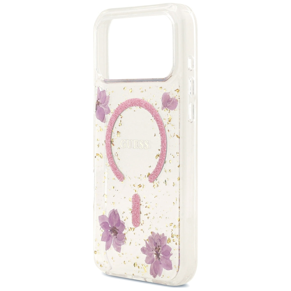 Custodia MagSafe per Apple iPhone 18 Pro Max / 17 Pro Max, Guess, Resin Flowers and Glitter, Rosa