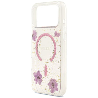 Custodia MagSafe per Apple iPhone 18 Pro Max / 17 Pro Max, Guess, Resin Flowers and Glitter, Rosa