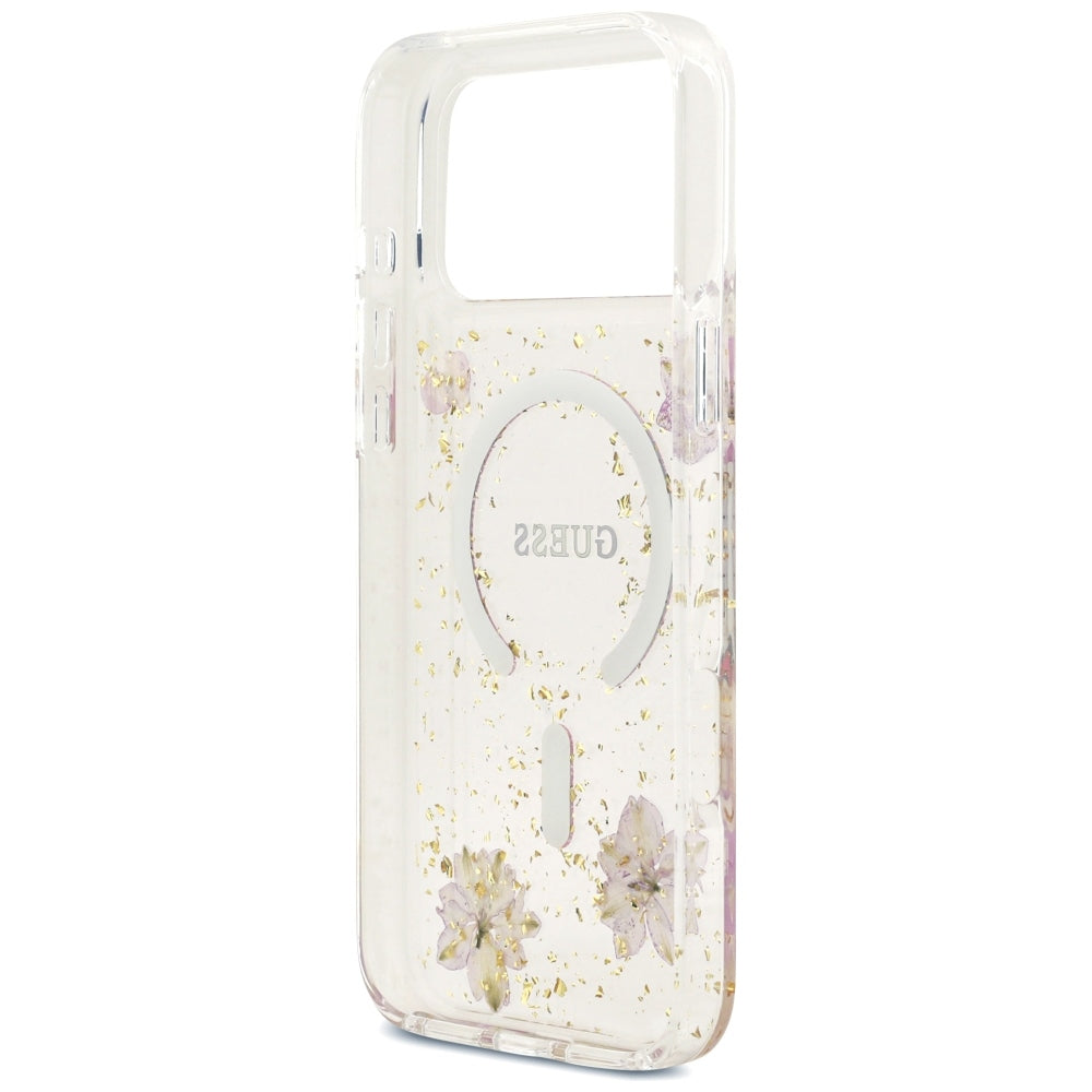 Custodia MagSafe per Apple iPhone 18 Pro Max / 17 Pro Max, Guess, Resin Flowers and Glitter, Rosa