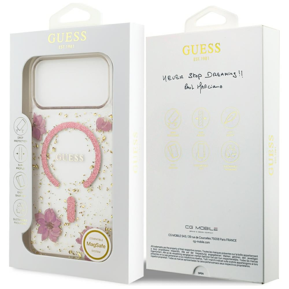 Custodia MagSafe per Apple iPhone 18 Pro Max / 17 Pro Max, Guess, Resin Flowers and Glitter, Rosa