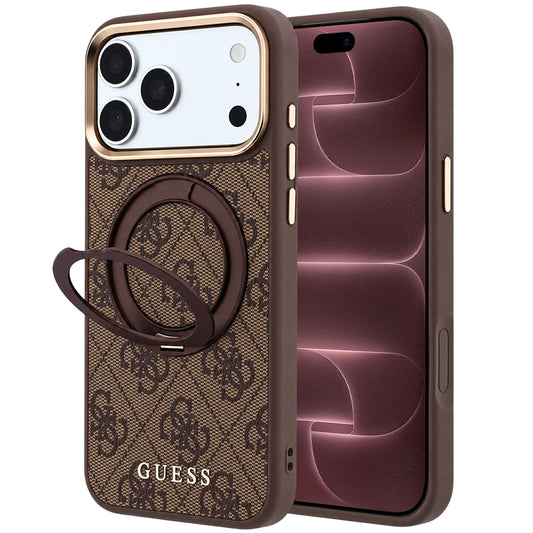 Custodia MagSafe per Apple iPhone 18 Pro Max / 17 Pro Max, Guess, Ring Stand 360 4G Classic Logo, Marrone