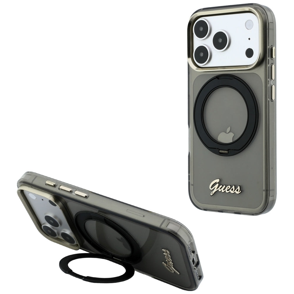 Custodia MagSafe per Apple iPhone 18 Pro Max / 17 Pro Max, Guess, Ring Stand Script Metal Logo, Nera