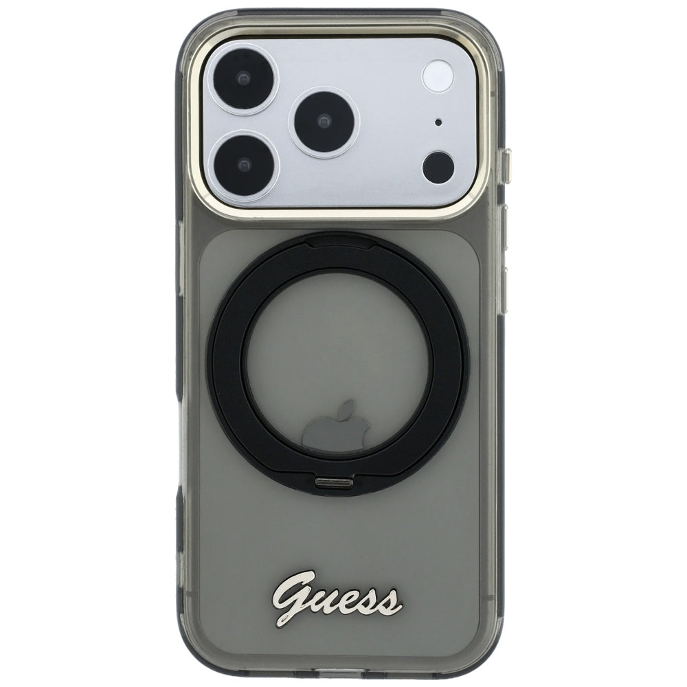 Custodia MagSafe per Apple iPhone 18 Pro Max / 17 Pro Max, Guess, Ring Stand Script Metal Logo, Nera