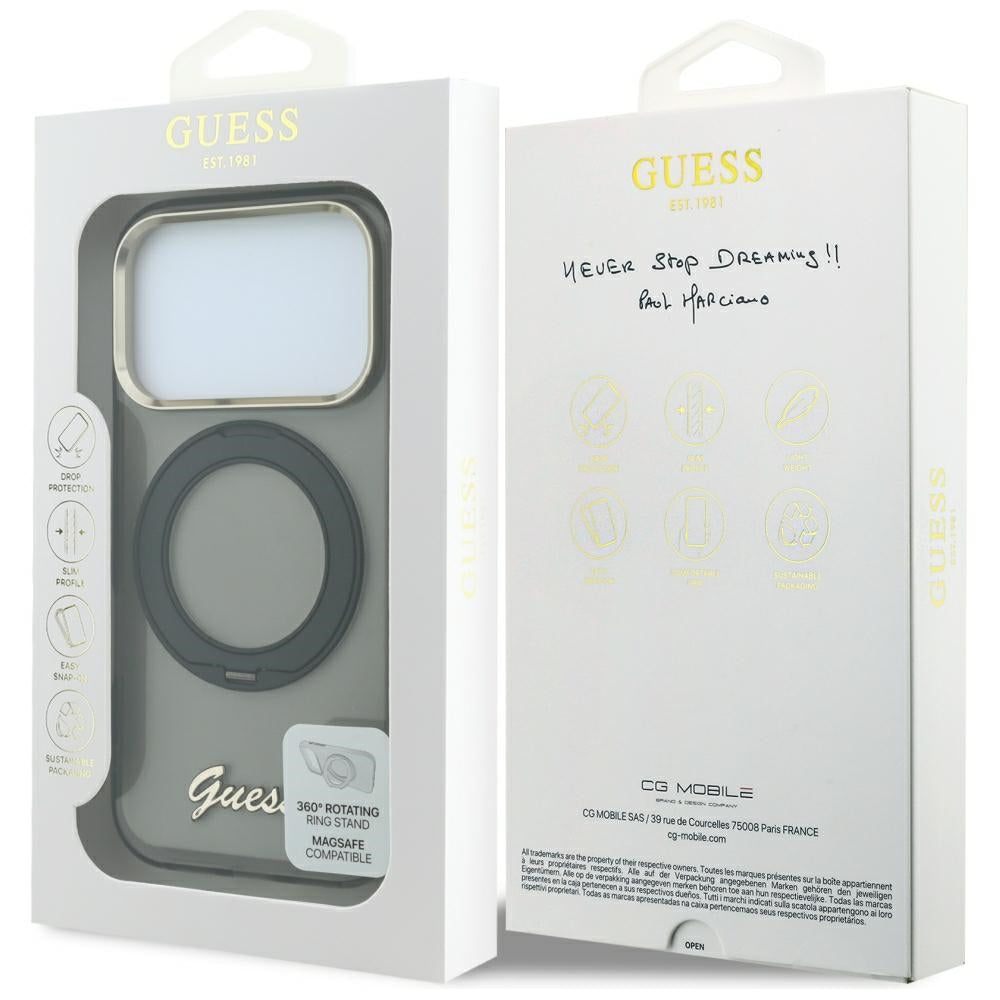 Custodia MagSafe per Apple iPhone 18 Pro Max / 17 Pro Max, Guess, Ring Stand Script Metal Logo, Nera