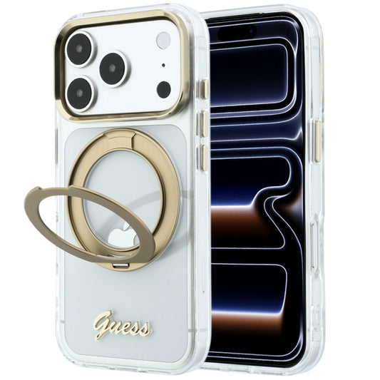 Custodia MagSafe per Apple iPhone 18 Pro Max / 17 Pro Max, Guess, Ring Stand Script Metal Logo, Trasparente