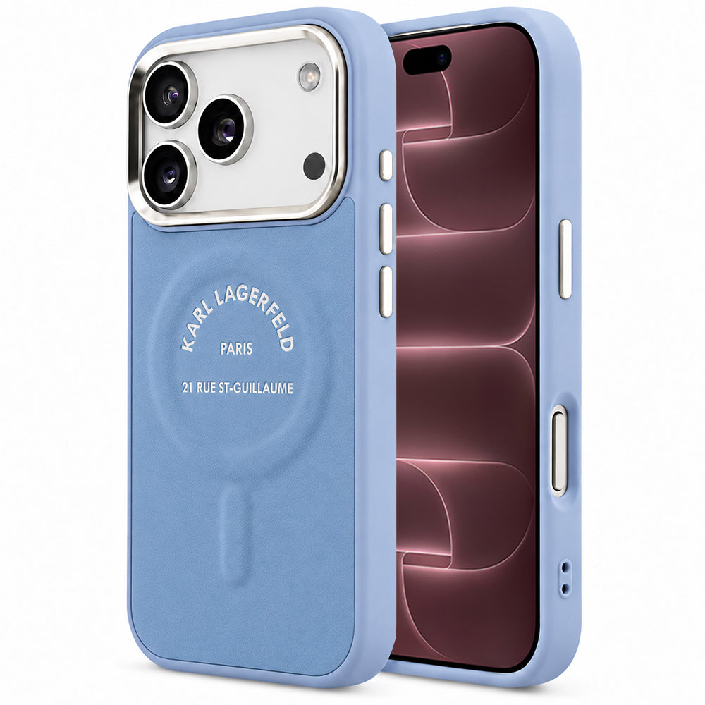 Custodia MagSafe per Apple iPhone 18 Pro Max / 17 Pro Max, Karl Lagerfeld, Embossed Open Ring RSG Logo, blu

