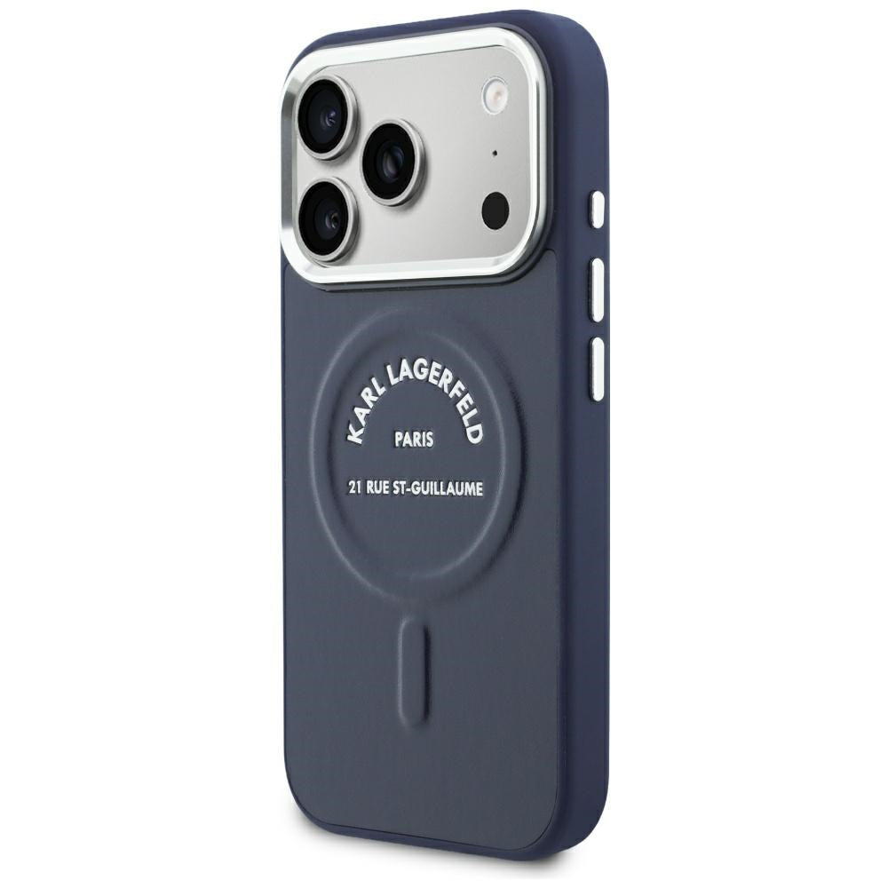 Custodia MagSafe per Apple iPhone 18 Pro Max / 17 Pro Max, Karl Lagerfeld, Embossed Open Ring RSG Logo, blu
