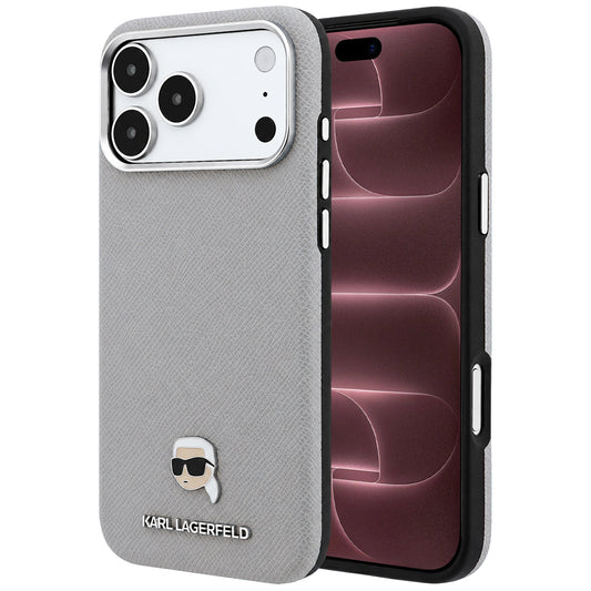 Custodia MagSafe per Apple iPhone 18 Pro Max / 17 Pro Max, Karl Lagerfeld, Grained Karl Head's Metal, Grigio