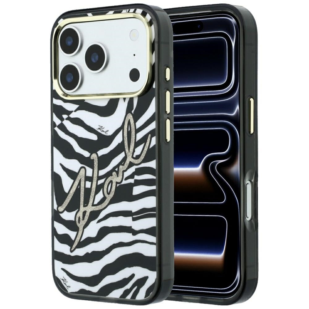 Custodia MagSafe per Apple iPhone 18 Pro Max / 17 Pro Max, Karl Lagerfeld, HC IML Signature Zebra Glitter Gold, Nera