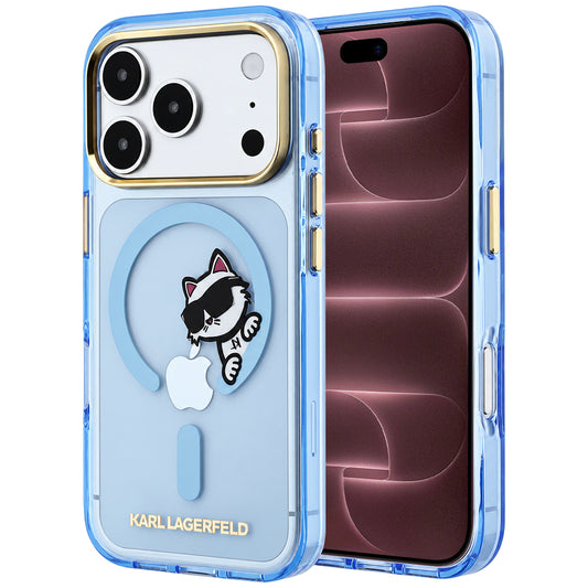 Custodia MagSafe per Apple iPhone 18 Pro Max / 17 Pro Max, Karl Lagerfeld, IML Peekaboo Print and Metal Frame, blu