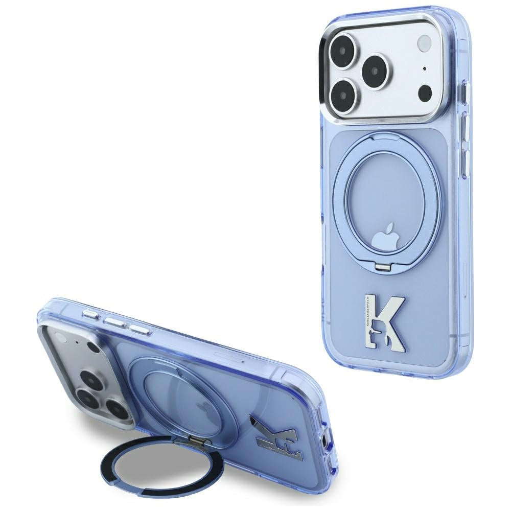 Custodia MagSafe per Apple iPhone 18 Pro Max / 17 Pro Max, Karl Lagerfeld, IML Ring Stand Kameo Metal, Blu