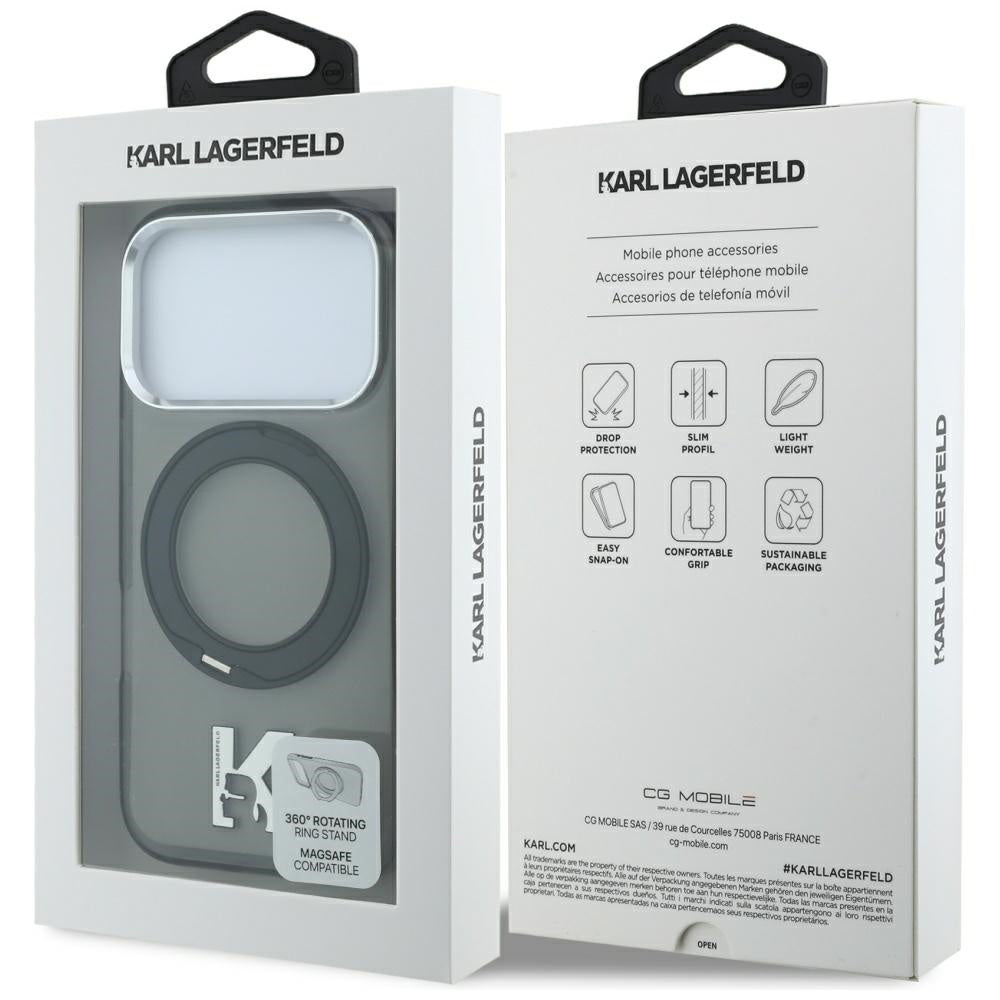Custodia MagSafe per Apple iPhone 18 Pro Max / 17 Pro Max, Karl Lagerfeld, IML Ring Stand Kameo Metal, Nera
