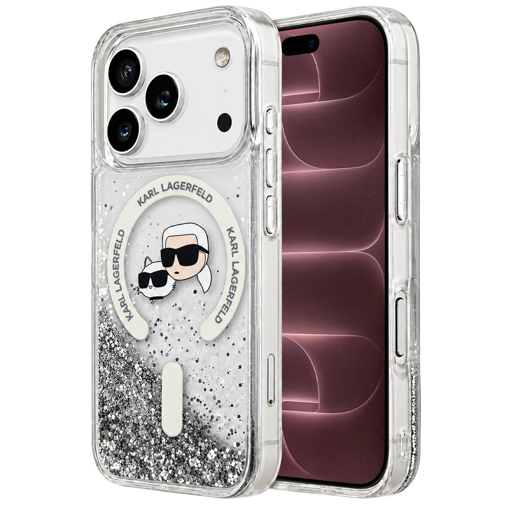 Custodia MagSafe per Apple iPhone 18 Pro Max / 17 Pro Max, Karl Lagerfeld, Liquid Glitter Karl & Choupette Head's, Trasparente