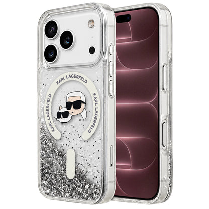 Custodia MagSafe per Apple iPhone 18 Pro Max / 17 Pro Max, Karl Lagerfeld, Liquid Glitter Karl & Choupette Head's, Trasparente