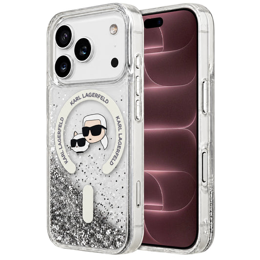 Custodia MagSafe per Apple iPhone 18 Pro Max / 17 Pro Max, Karl Lagerfeld, Liquid Glitter Karl & Choupette Head's, Trasparente