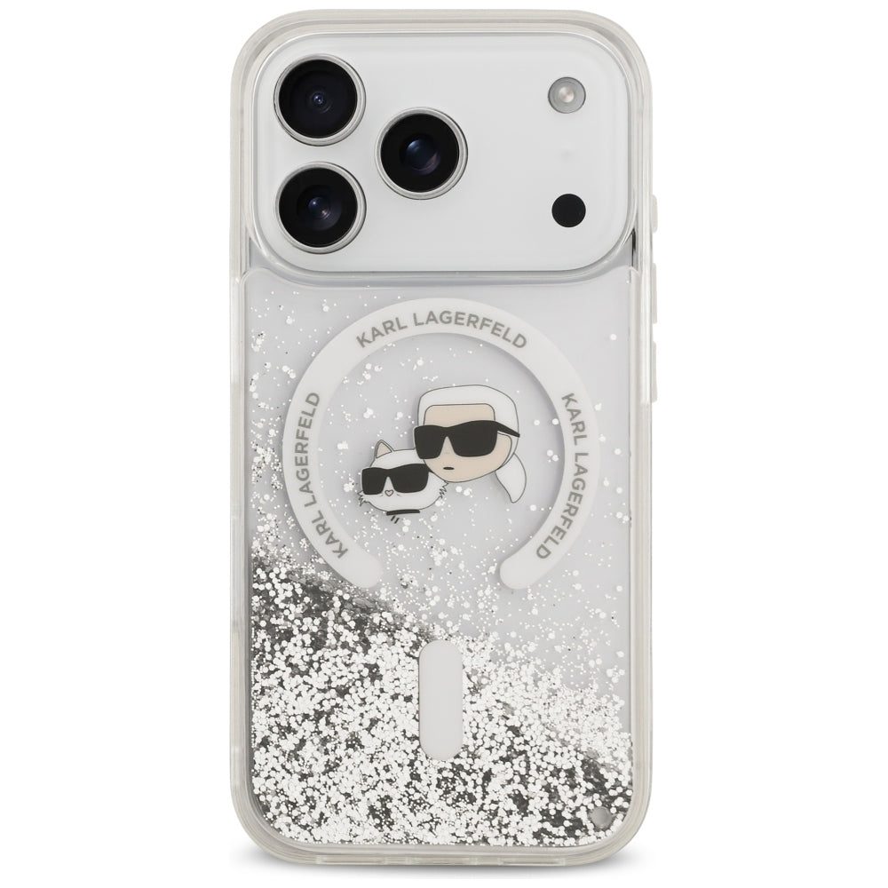 Custodia MagSafe per Apple iPhone 18 Pro Max / 17 Pro Max, Karl Lagerfeld, Liquid Glitter Karl & Choupette Head's, Trasparente