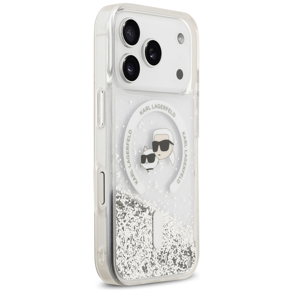 Custodia MagSafe per Apple iPhone 18 Pro Max / 17 Pro Max, Karl Lagerfeld, Liquid Glitter Karl & Choupette Head's, Trasparente