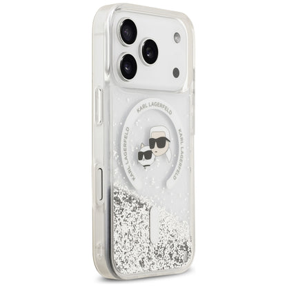 Custodia MagSafe per Apple iPhone 18 Pro Max / 17 Pro Max, Karl Lagerfeld, Liquid Glitter Karl & Choupette Head's, Trasparente