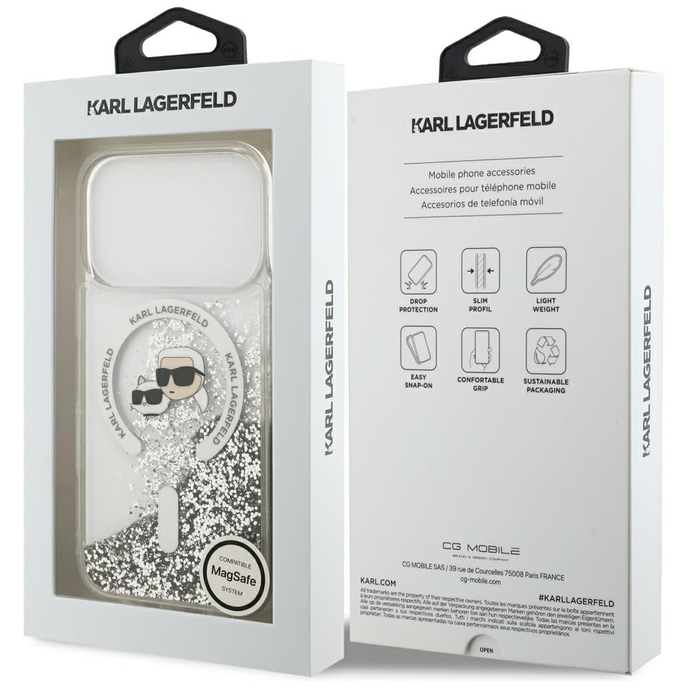 Custodia MagSafe per Apple iPhone 18 Pro Max / 17 Pro Max, Karl Lagerfeld, Liquid Glitter Karl & Choupette Head's, Trasparente