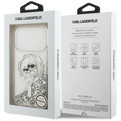 Custodia MagSafe per Apple iPhone 18 Pro Max / 17 Pro Max, Karl Lagerfeld, Liquid Glitter Karl & Choupette Head's, Trasparente