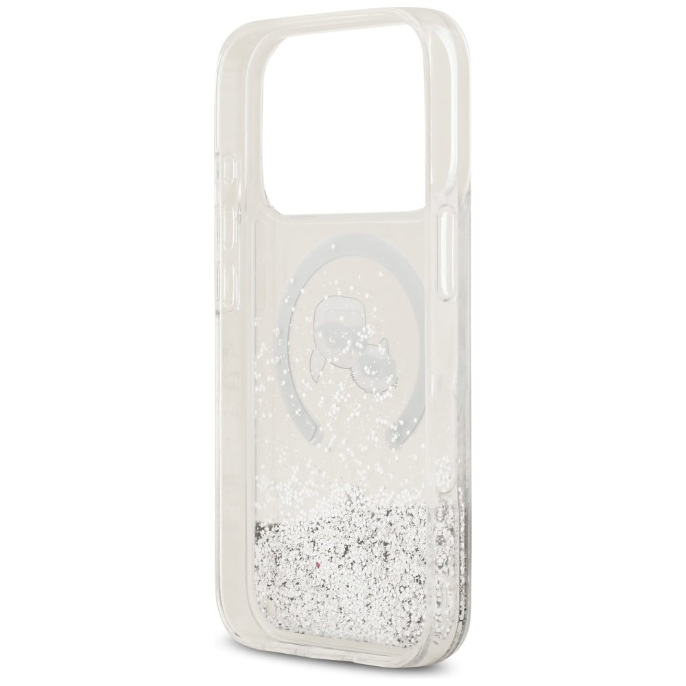 Custodia MagSafe per Apple iPhone 18 Pro Max / 17 Pro Max, Karl Lagerfeld, Liquid Glitter Karl & Choupette Head's, Trasparente
