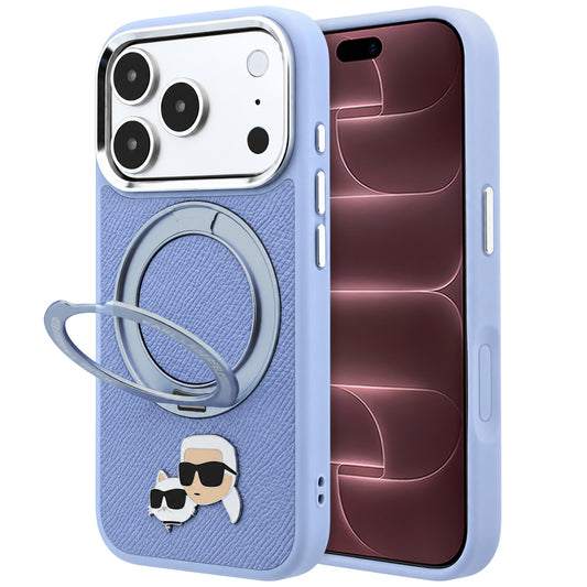 Custodia MagSafe per Apple iPhone 18 Pro Max / 17 Pro Max, Karl Lagerfeld, Ring Stand 360 Karl & Choupette Pin, Blu