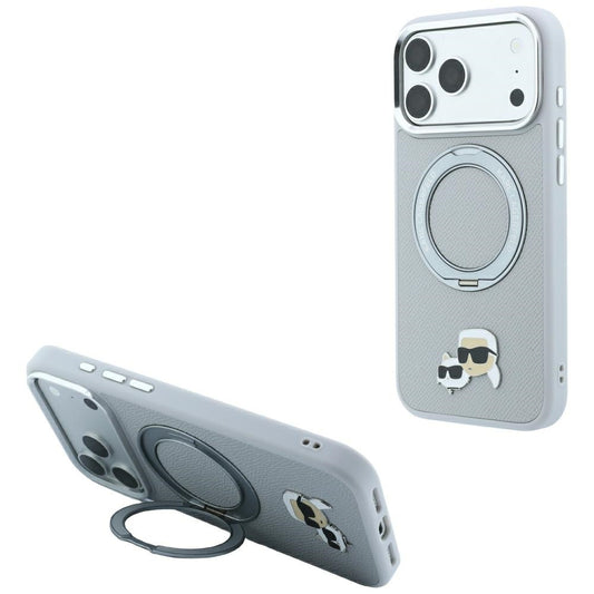 Custodia MagSafe per Apple iPhone 18 Pro Max / 17 Pro Max, Karl Lagerfeld, Ring Stand 360 Karl & Choupette Pin, Grigia
