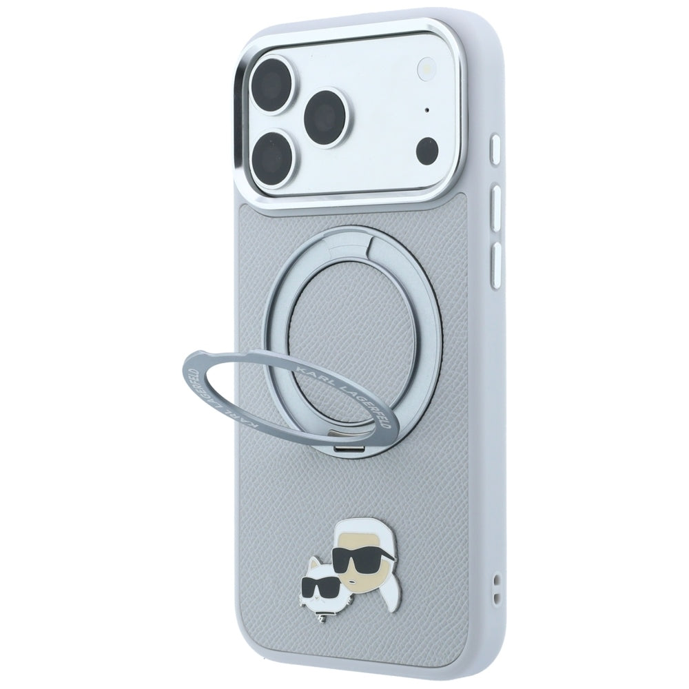 Custodia MagSafe per Apple iPhone 18 Pro Max / 17 Pro Max, Karl Lagerfeld, Ring Stand 360 Karl & Choupette Pin, Grigia