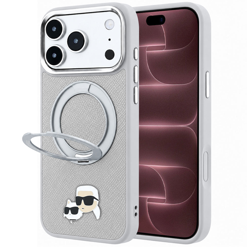 Custodia MagSafe per Apple iPhone 18 Pro Max / 17 Pro Max, Karl Lagerfeld, Ring Stand 360 Karl & Choupette Pin, Grigia