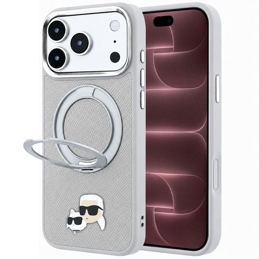 Custodia MagSafe per Apple iPhone 18 Pro Max / 17 Pro Max, Karl Lagerfeld, Ring Stand 360 Karl & Choupette Pin, Grigia