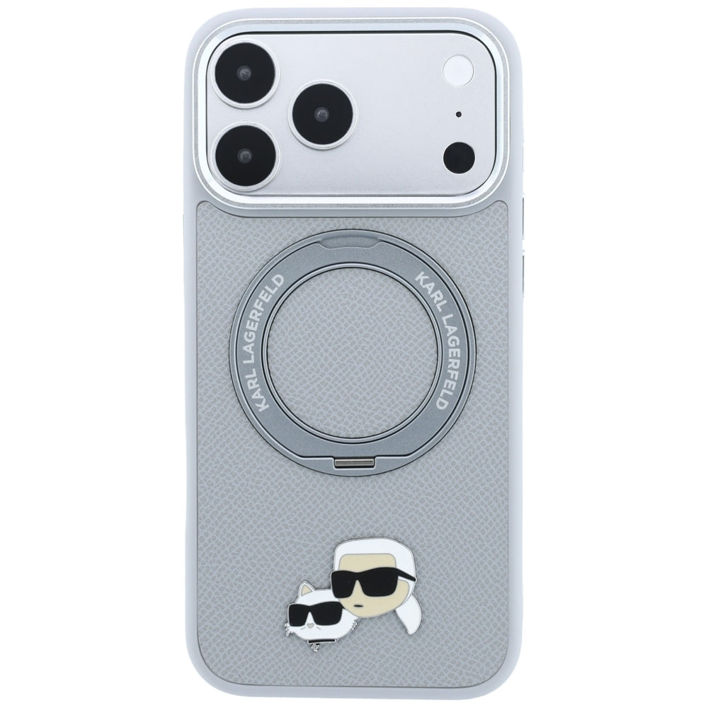 Custodia MagSafe per Apple iPhone 18 Pro Max / 17 Pro Max, Karl Lagerfeld, Ring Stand 360 Karl & Choupette Pin, Grigia