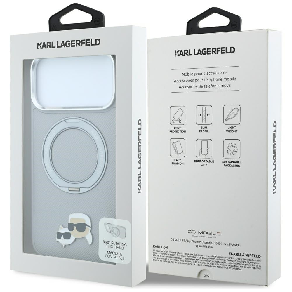Custodia MagSafe per Apple iPhone 18 Pro Max / 17 Pro Max, Karl Lagerfeld, Ring Stand 360 Karl & Choupette Pin, Grigia