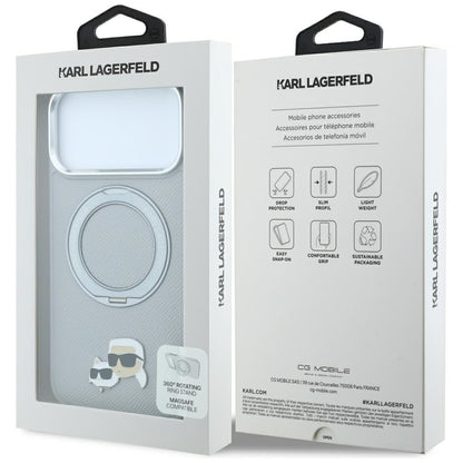 Custodia MagSafe per Apple iPhone 18 Pro Max / 17 Pro Max, Karl Lagerfeld, Ring Stand 360 Karl & Choupette Pin, Grigia