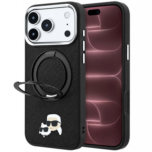Custodia MagSafe per Apple iPhone 18 Pro Max / 17 Pro Max, Karl Lagerfeld, Ring Stand 360 Karl & Choupette Pin, Nera