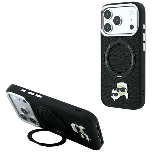 Custodia MagSafe per Apple iPhone 18 Pro Max / 17 Pro Max, Karl Lagerfeld, Ring Stand 360 Karl & Choupette Pin, Nera