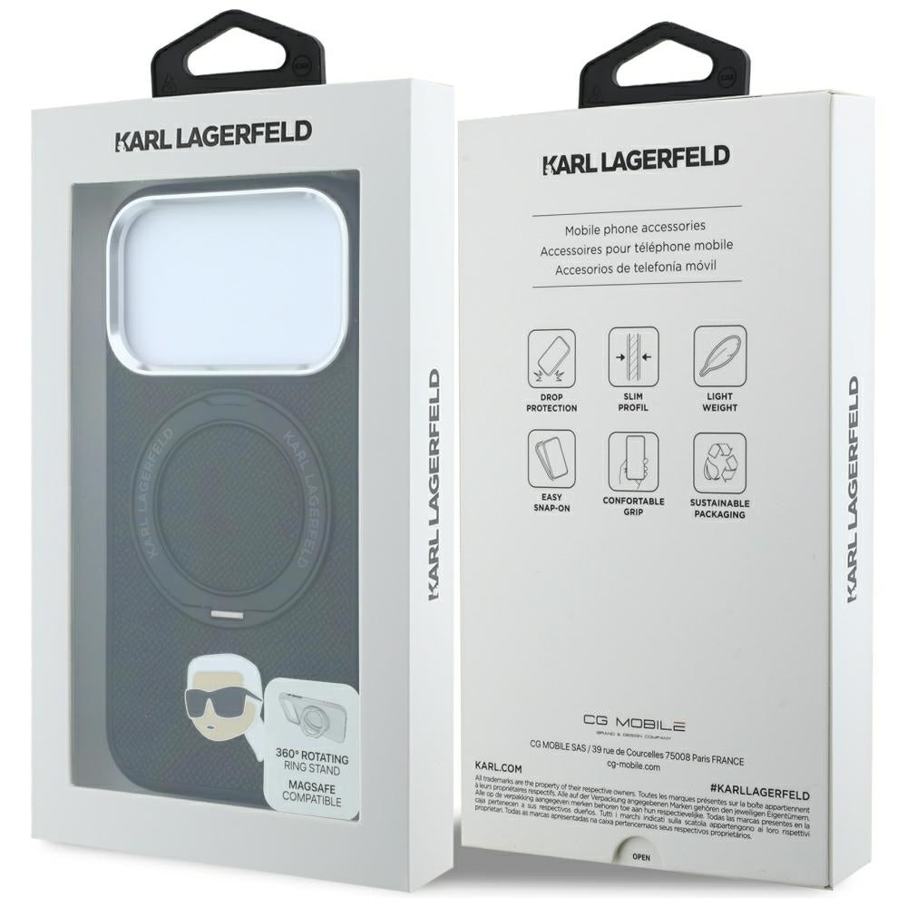 Custodia MagSafe per Apple iPhone 18 Pro Max / 17 Pro Max, Karl Lagerfeld, Ring Stand 360 Karl Pin, nera