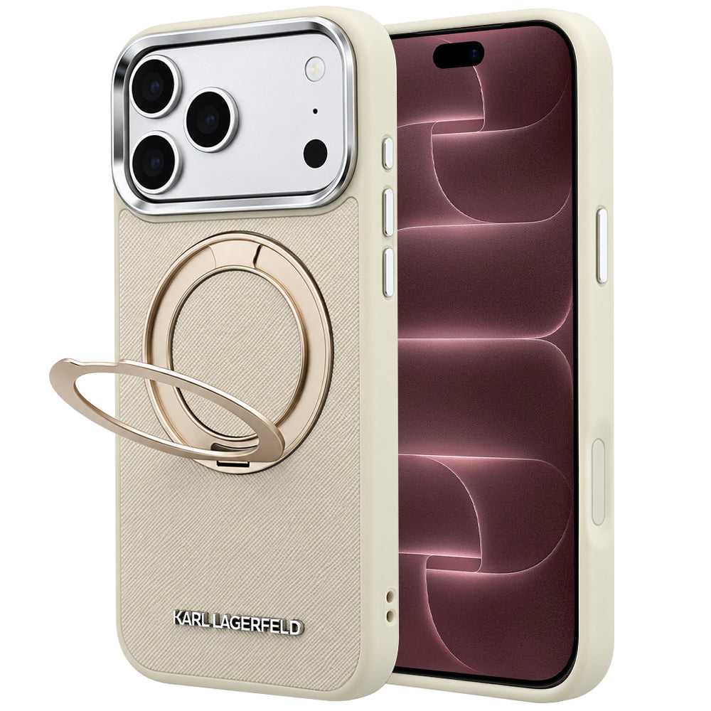 Custodia MagSafe per Apple iPhone 18 Pro Max / 17 Pro Max, Karl Lagerfeld, Ring Stand 360 Saffiano, Beige