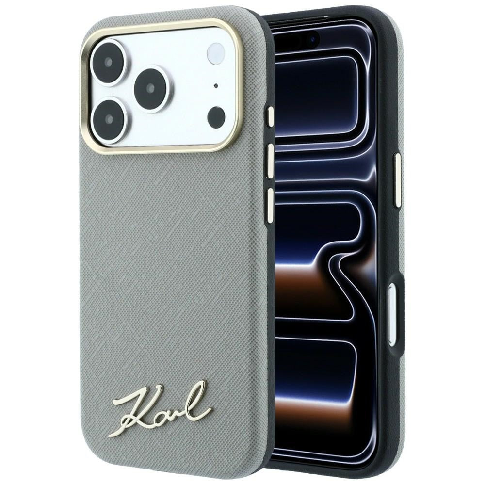 Custodia MagSafe per Apple iPhone 18 Pro Max / 17 Pro Max, Karl Lagerfeld, Saffiano Small Script Metal Logo, Beige