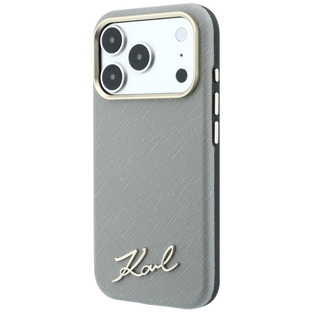 Custodia MagSafe per Apple iPhone 18 Pro Max / 17 Pro Max, Karl Lagerfeld, Saffiano Small Script Metal Logo, Beige