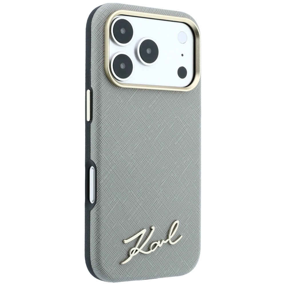Custodia MagSafe per Apple iPhone 18 Pro Max / 17 Pro Max, Karl Lagerfeld, Saffiano Small Script Metal Logo, Beige