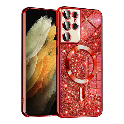 Custodia MagSafe per Samsung Galaxy S21 Ultra 5G G998, Techsuit, Luxury Glitter, Rossa