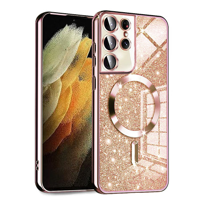 Custodia MagSafe per Samsung Galaxy S21 Ultra 5G G998, Techsuit, Luxury Glitter, Rosa Oro