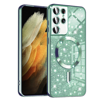 Custodia MagSafe per Samsung Galaxy S21 Ultra 5G G998, Techsuit, Luxury Glitter, Verde Chiaro