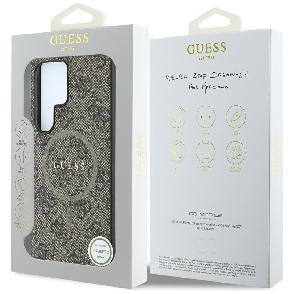 Custodia MagSafe per Samsung Galaxy S25 Ultra S938, Guess, 4G Ring Classic Logo, Marrone