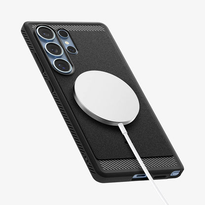 Custodia MagSafe per Samsung Galaxy S25 Ultra S938, Spigen, Rugged Armor, Nero Opaco ACS08951