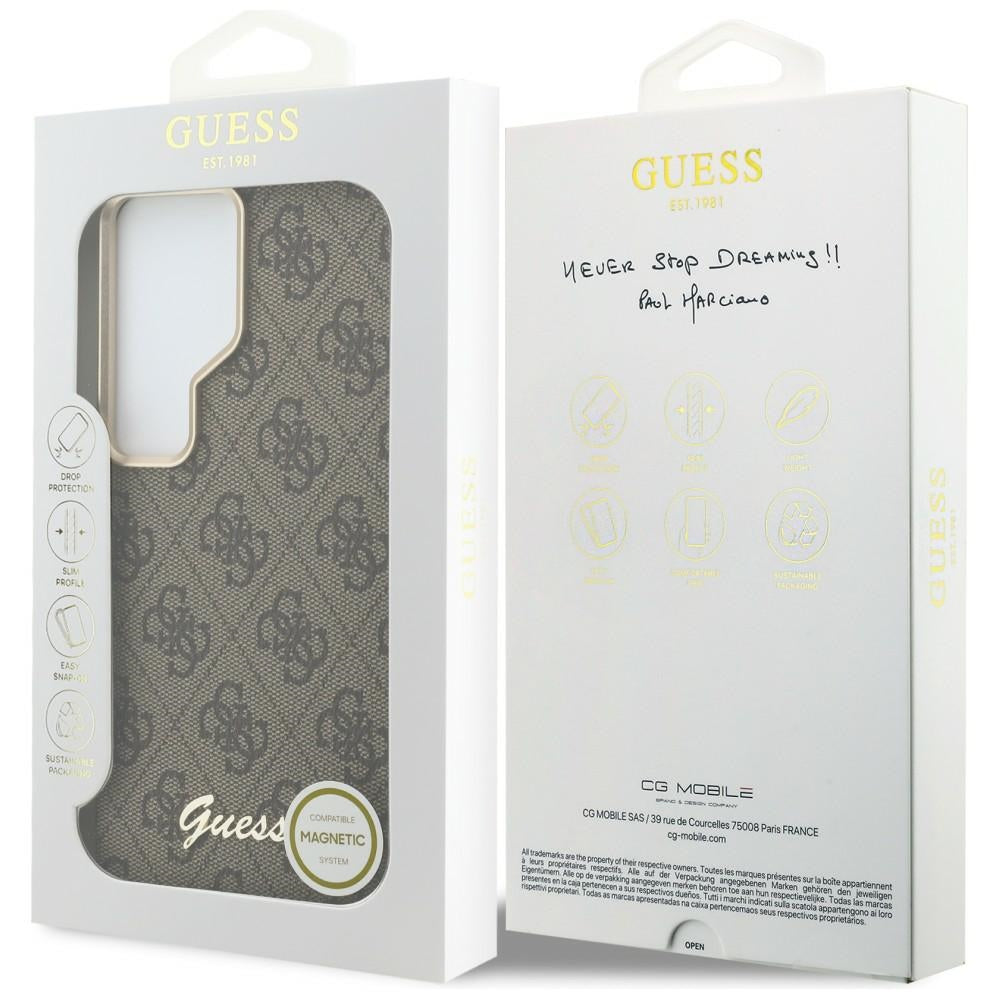 Custodia MagSafe per Samsung Galaxy S26 S942, Guess, 4G Script Logo, Marrone
