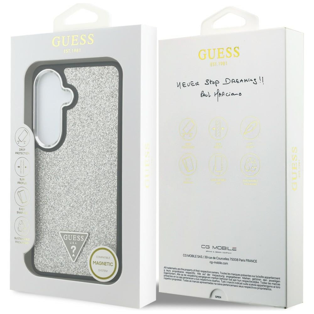 Custodia MagSafe per Samsung Galaxy S26 S942, Guess, Logo Triangolo Glitter Fisso, Argento