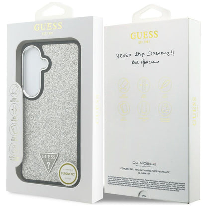 Custodia MagSafe per Samsung Galaxy S26 S942, Guess, Logo Triangolo Glitter Fisso, Argento